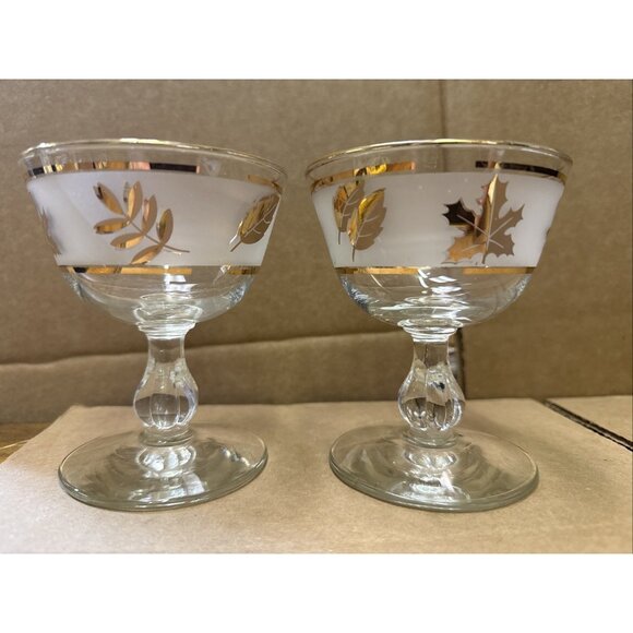 Libbey Frosted Gold Foliage 4 1/4" Vintage Sherbet Champagne Glasses Set Of 2 - Picture 2 of 8